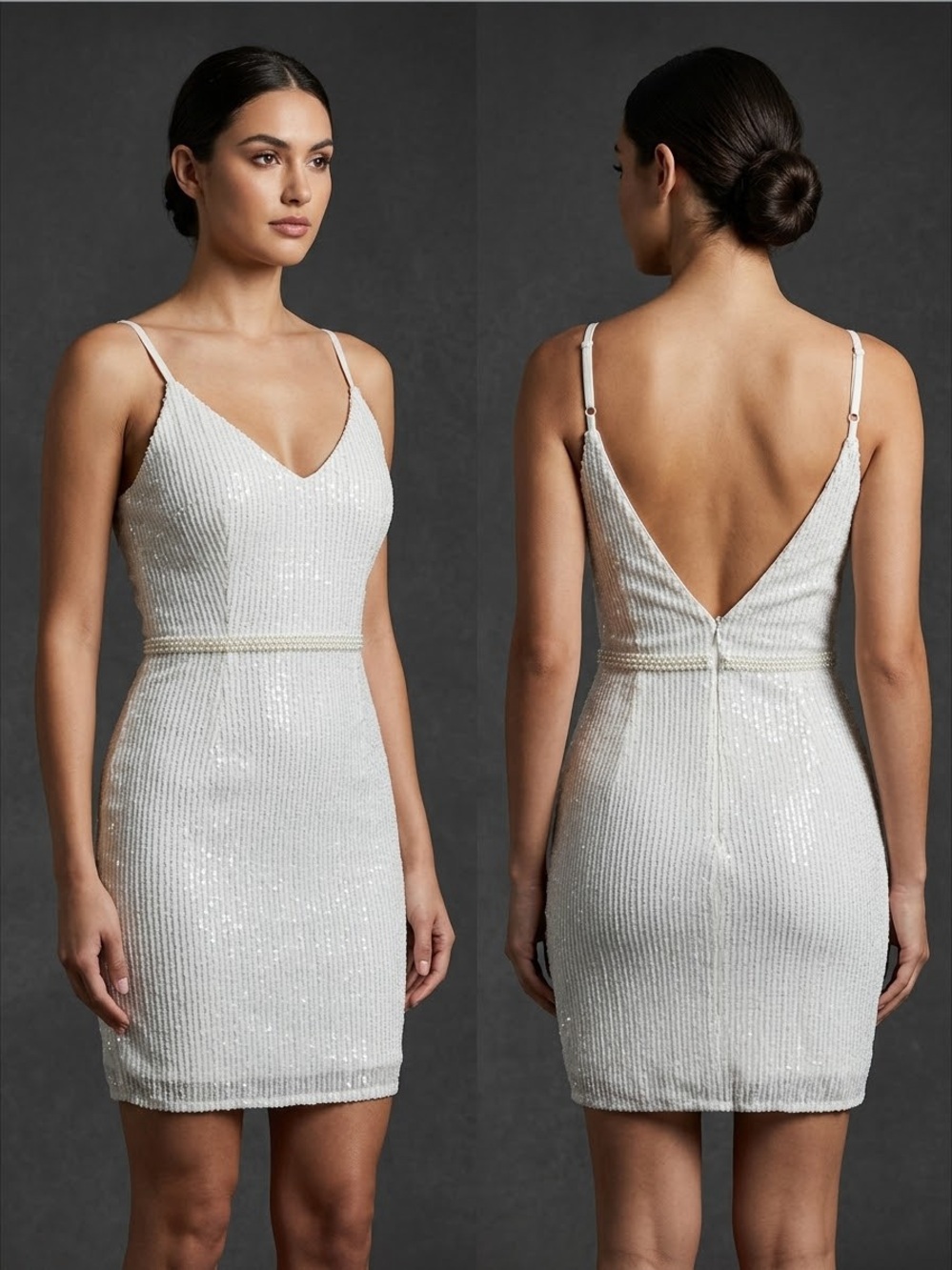 Lulu's White Sequin Backless V-Neck Mini Dress